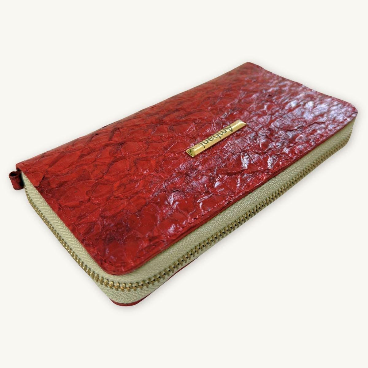 Fish Leather Wallet · Red · Beige Trim