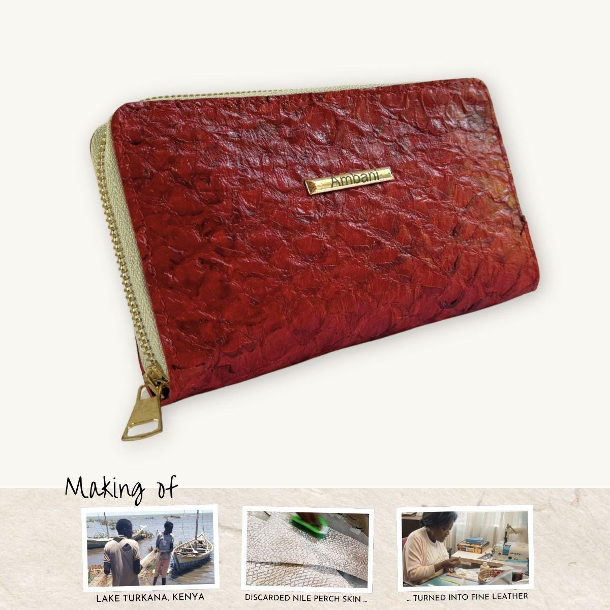Fish Leather Wallet · Red · Beige Trim