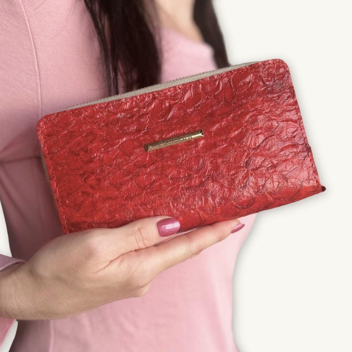 Fish Leather Wallet · Red · Beige Trim
