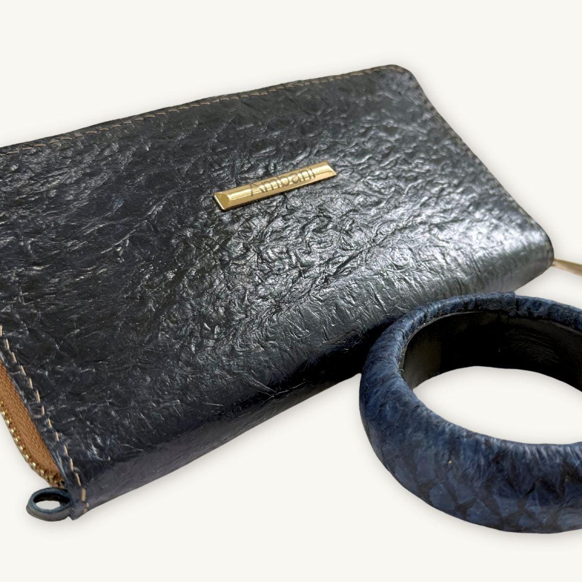 Fish Leather Wallet · Dark Blue · Copper Trim