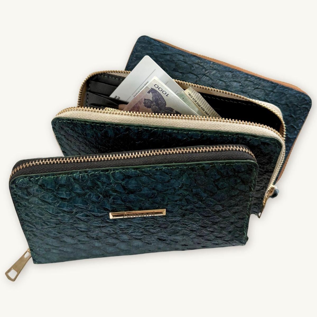 Fish Leather Wallet · Dark Turquoise · Black Trim