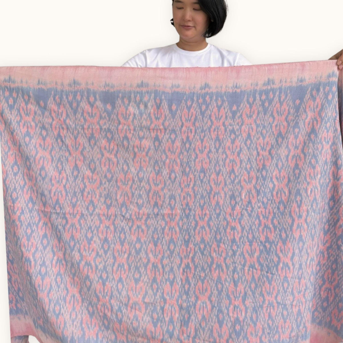Ikat Cotton Scarf · Soft Pink & Sky Blue · 150 × 200 cm