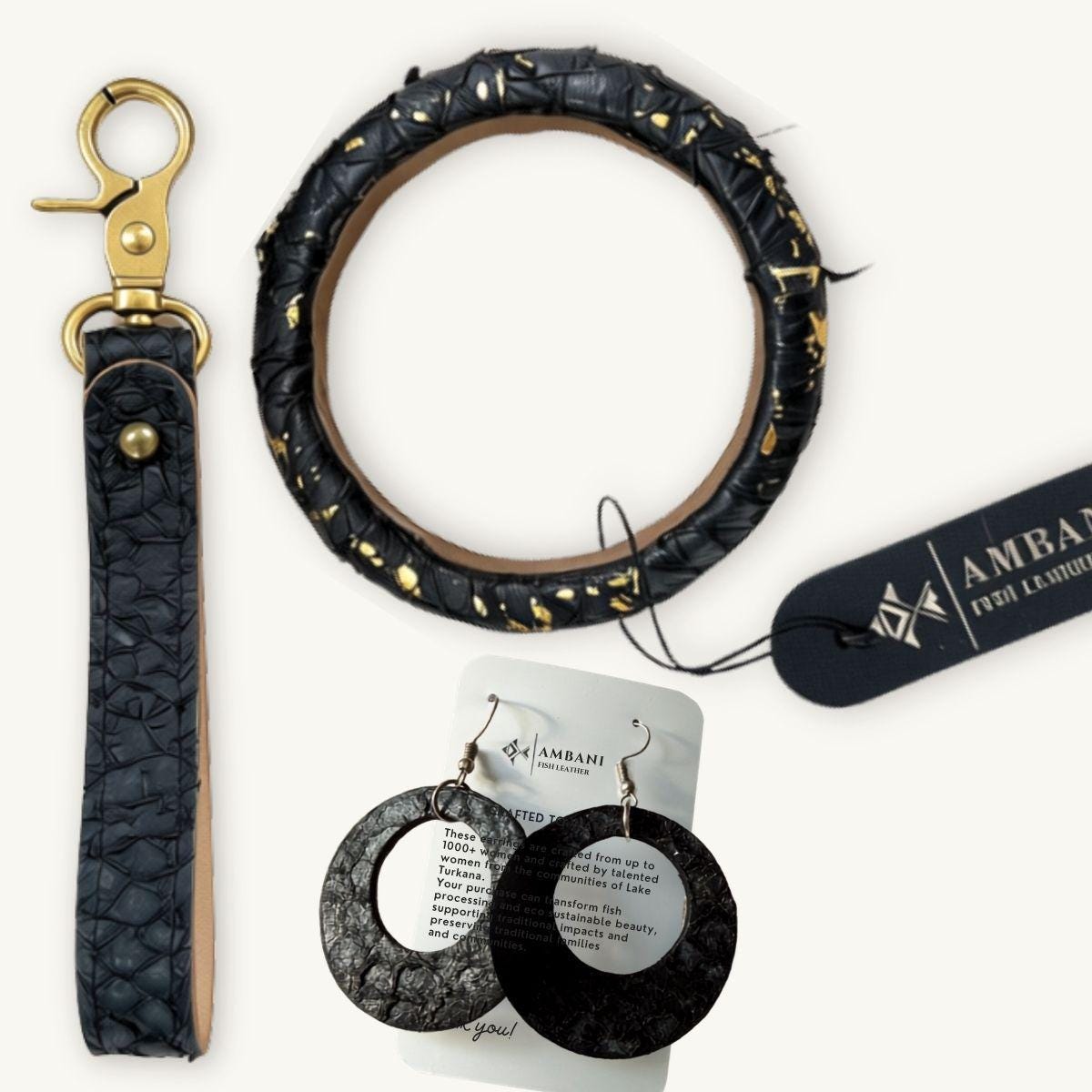Fish Leather Jewelry Set · Bangle, Earrings, Keyloop