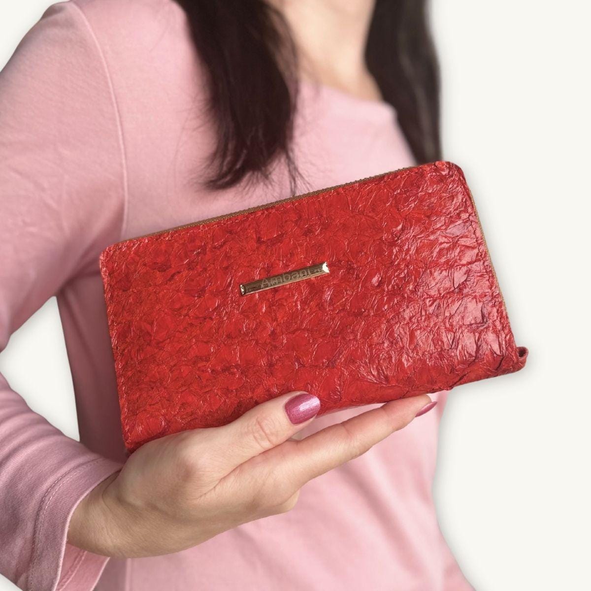 Fish Leather Wallet · Red · Copper Trim