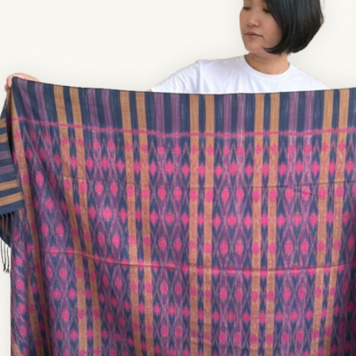 Ikat Cotton Scarf · Pink, Gold & Plum · 200 × 150 cm