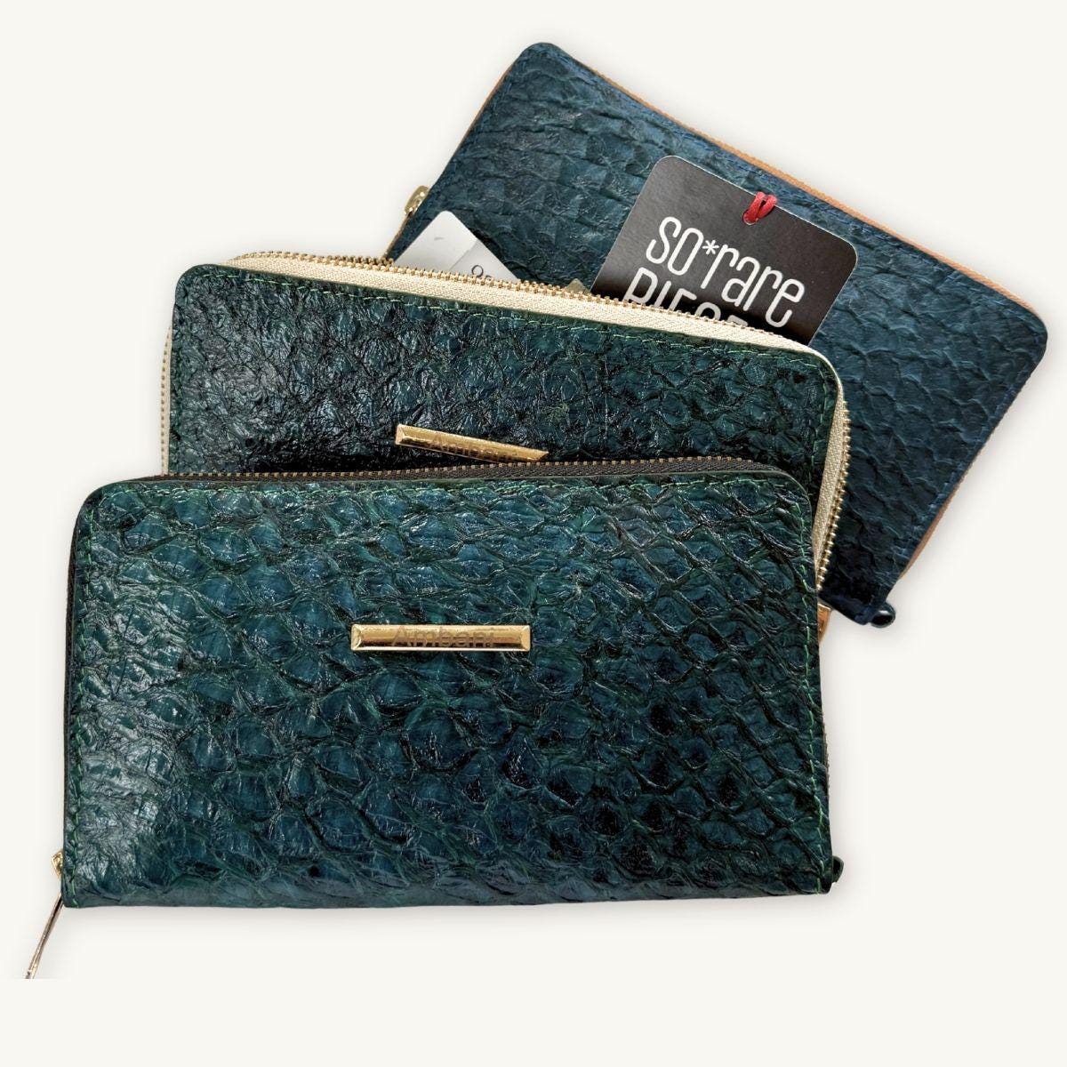 Fish Leather Wallet · Dark Turquoise · Beige Trim