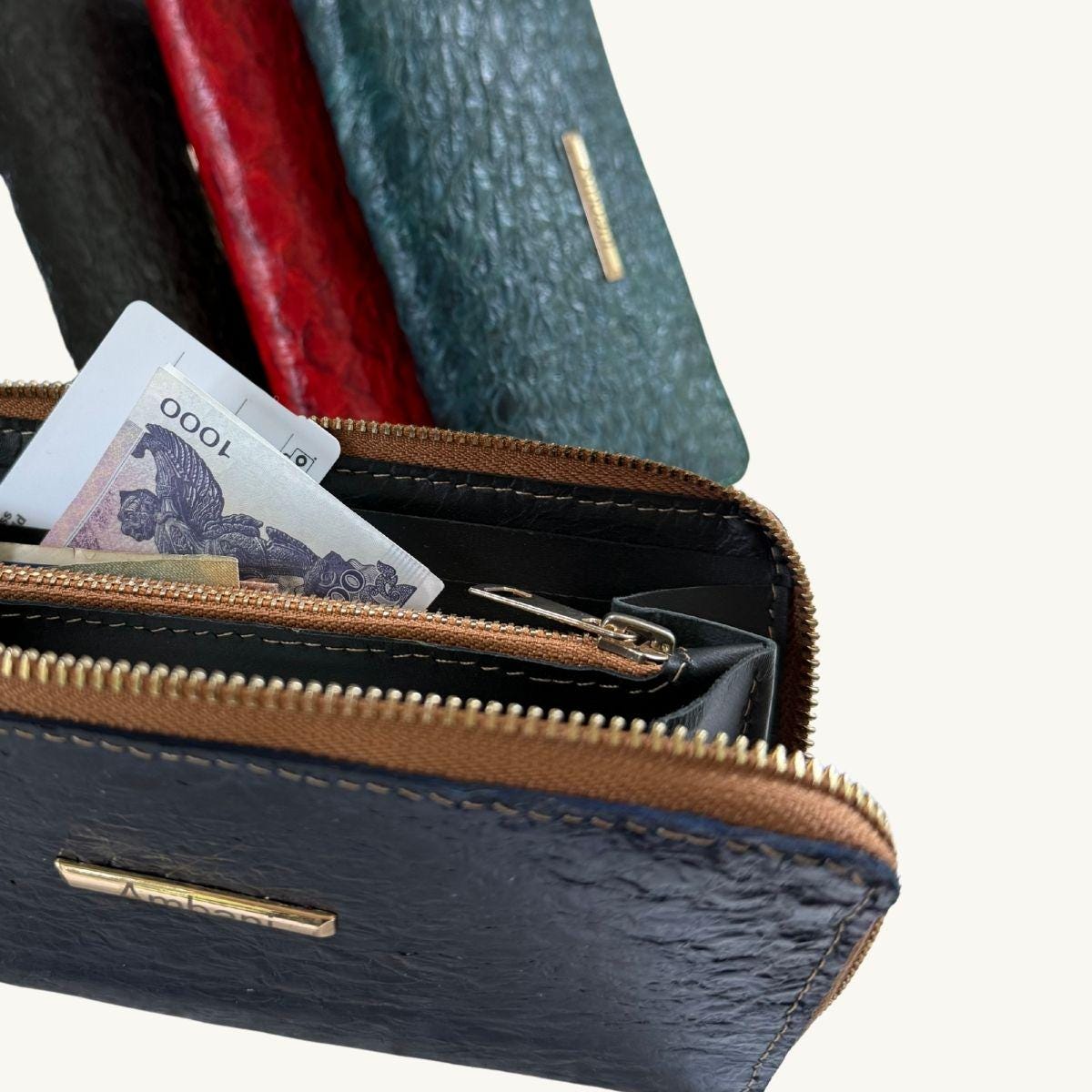 Fish Leather Wallet · Dark Blue · Copper Trim