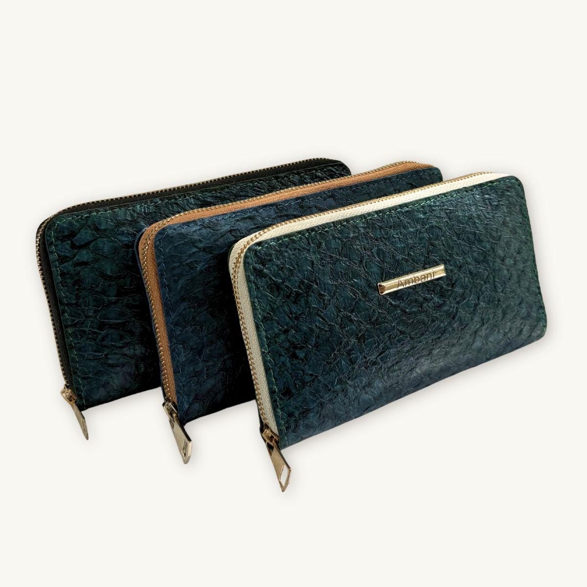 Fish Leather Wallet · Dark Turquoise · Beige Trim