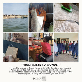 A promotional collage with six photos showing the artisan process: shoreline and boats, a person holding a fish skin, brushing leather, hand tools, a maker stitching material, and a group of people in uniforms. Text reads 'FROM WASTE TO WONDER' and describes transforming discarded fish skins into leather accessories, with Ambani Leather Purses and So Rare Pieces branding at the bottom.
