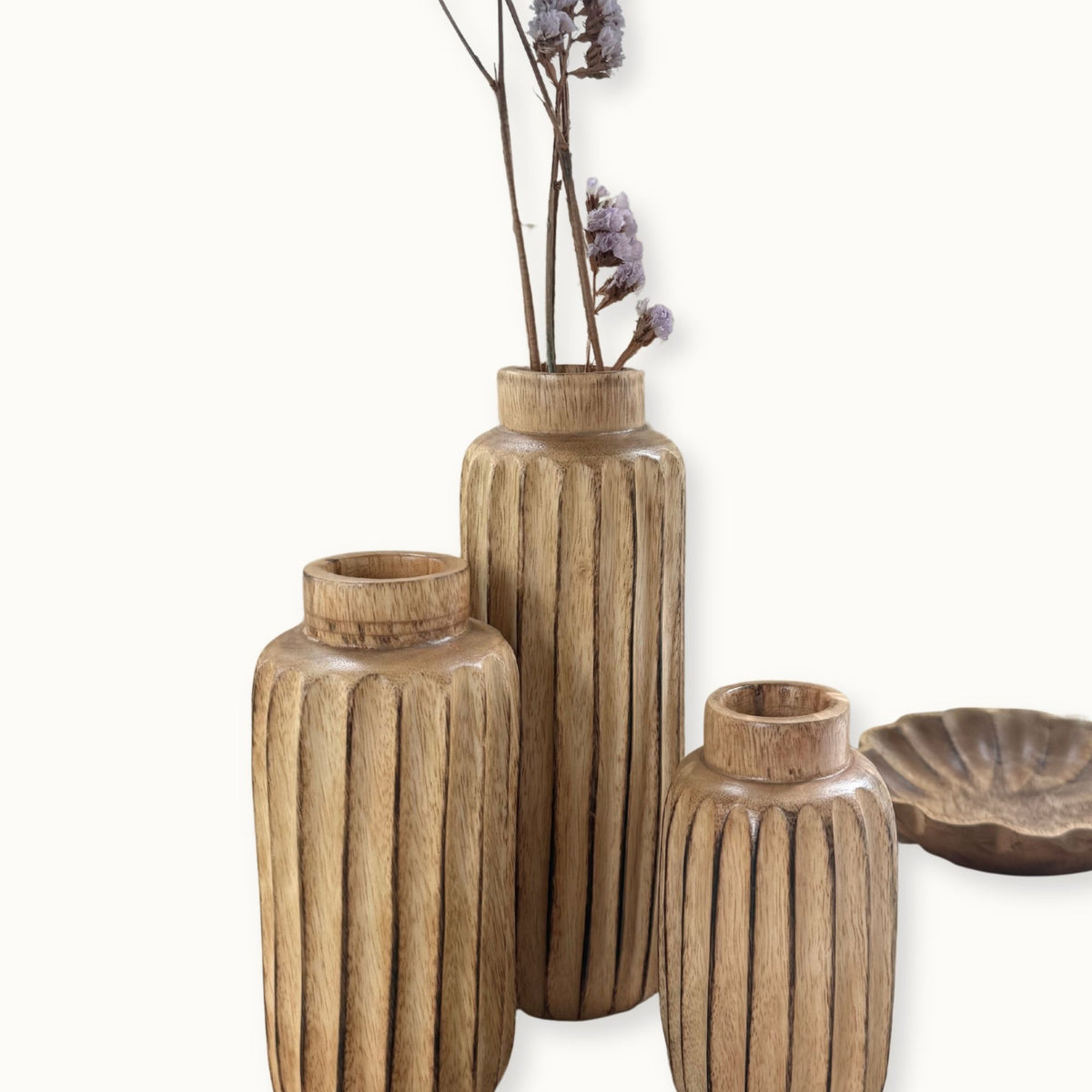 Hand-carved Mango Wood Vase Set · Natural