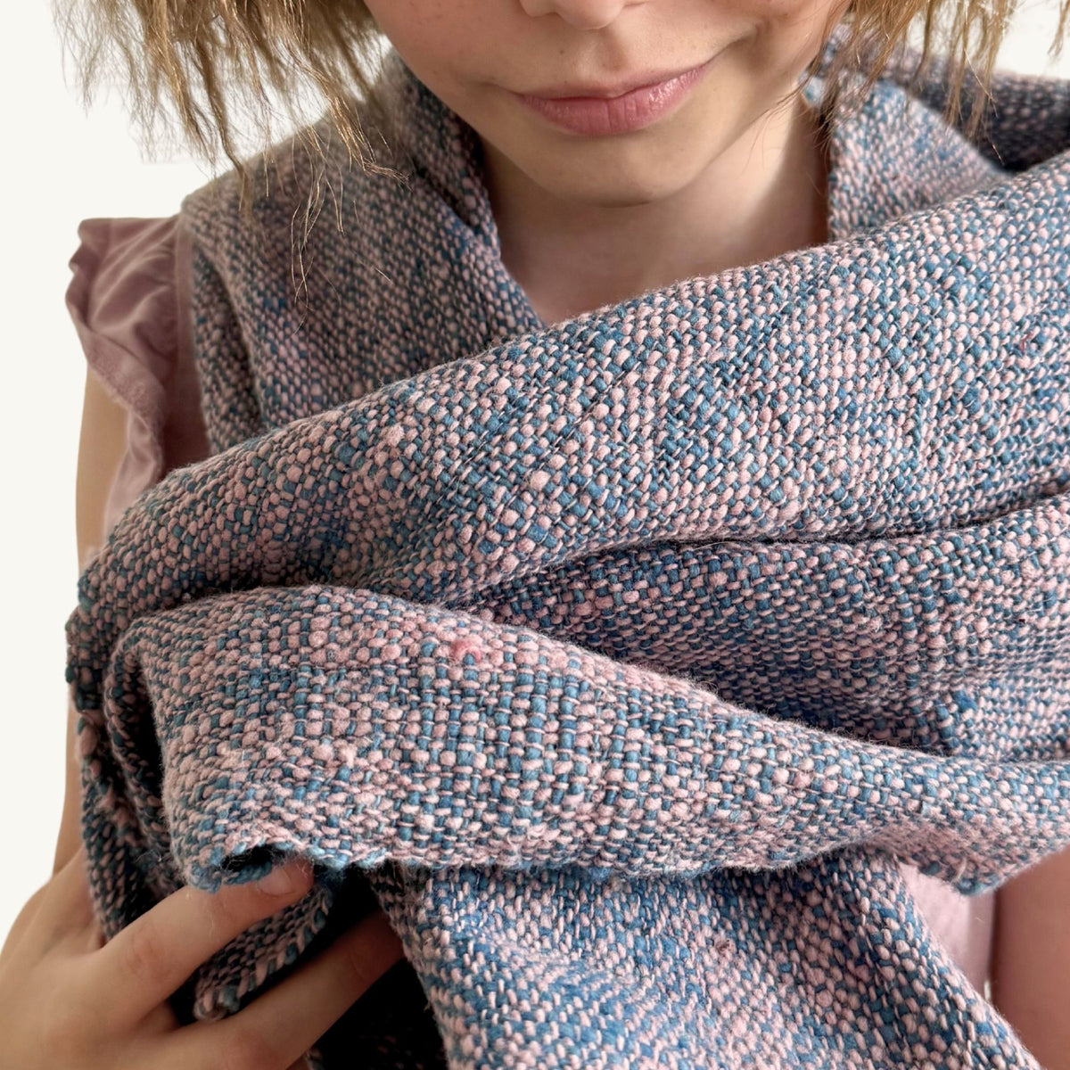 Handspun Cotton Scarf · Blush Pink & Indigo · 40 × 200 cm