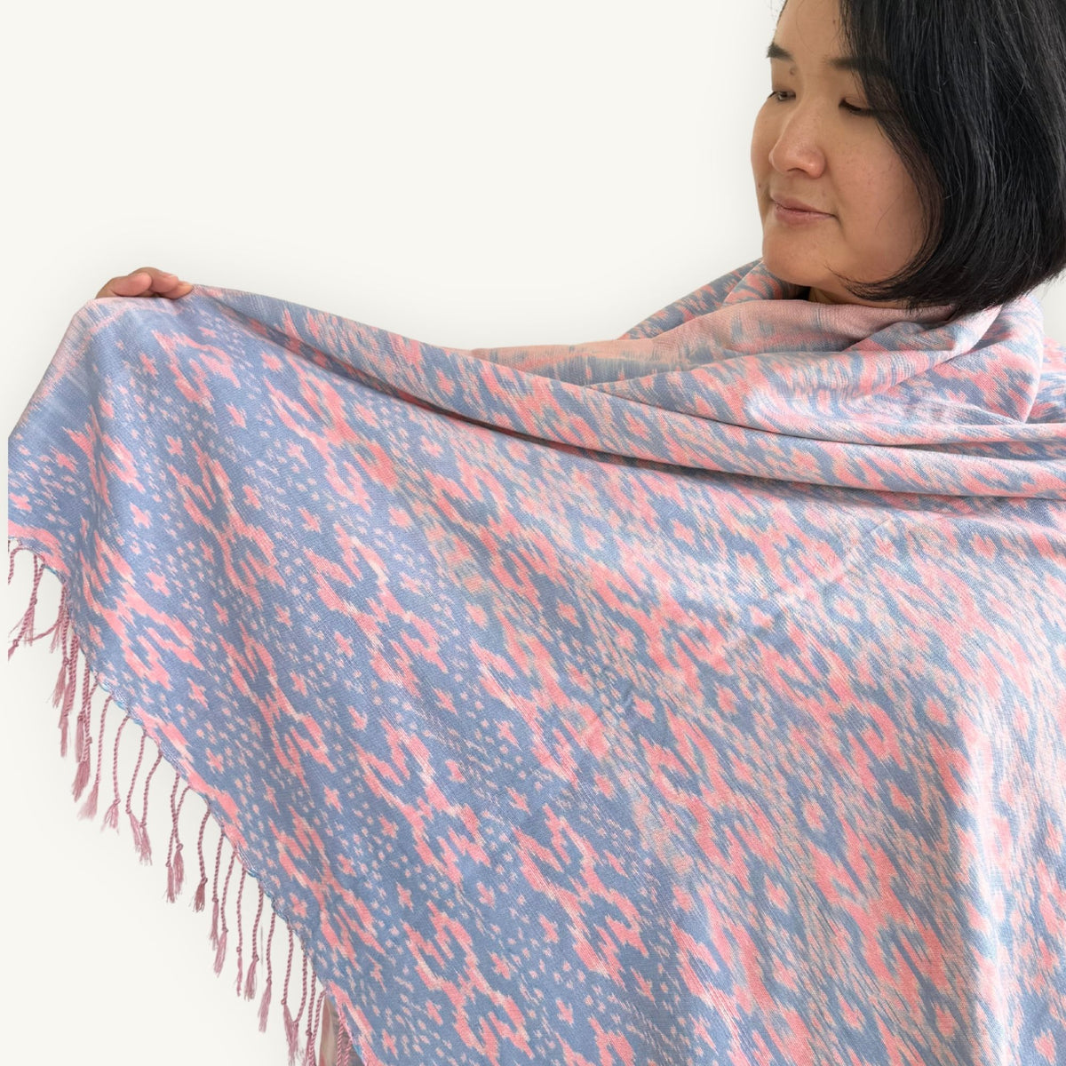 Ikat Cotton Scarf · Soft Pink & Sky Blue · 150 × 200 cm