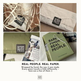 A collage of four photos showing goods wrapped in handmade paper and ribbon, with a small black tag reading 'SO RARE PIECES' visible on two items. Text below says 'REAL PEOPLE.