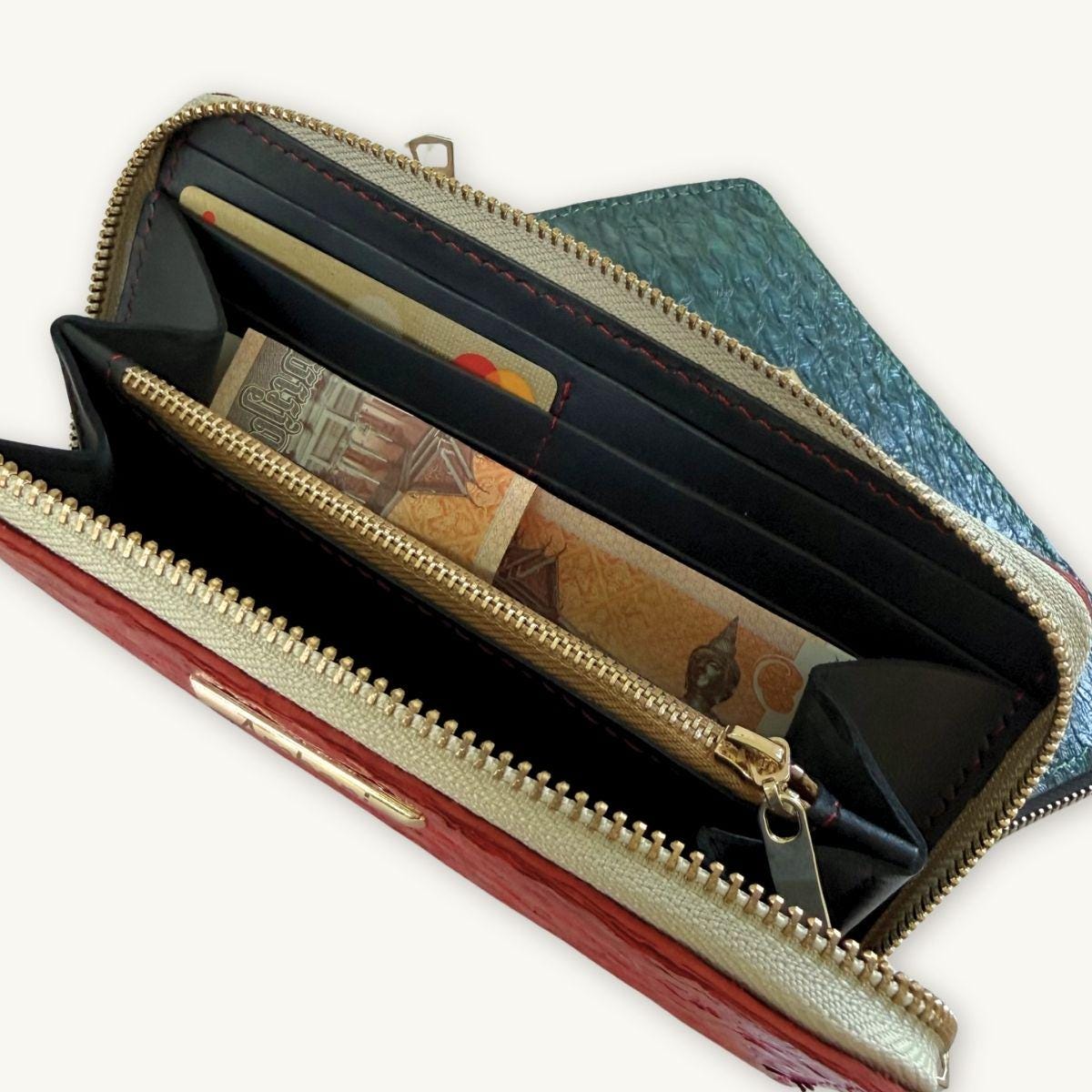 Fish Leather Wallet · Red · Beige Trim