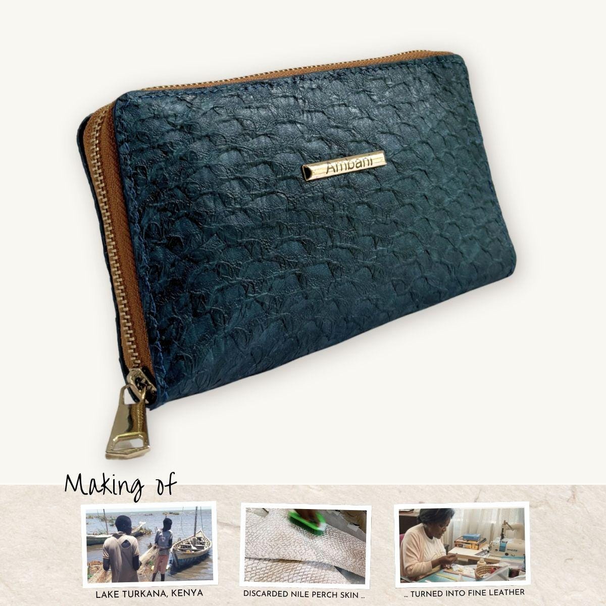 Fish Leather Wallet · Dark Turquoise · Copper Trim