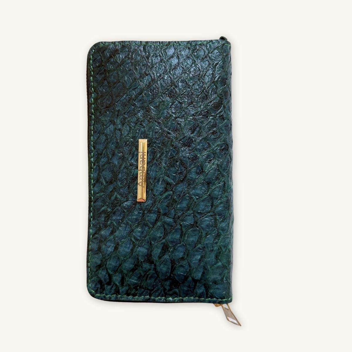 Fish Leather Wallet · Dark Turquoise · Beige Trim