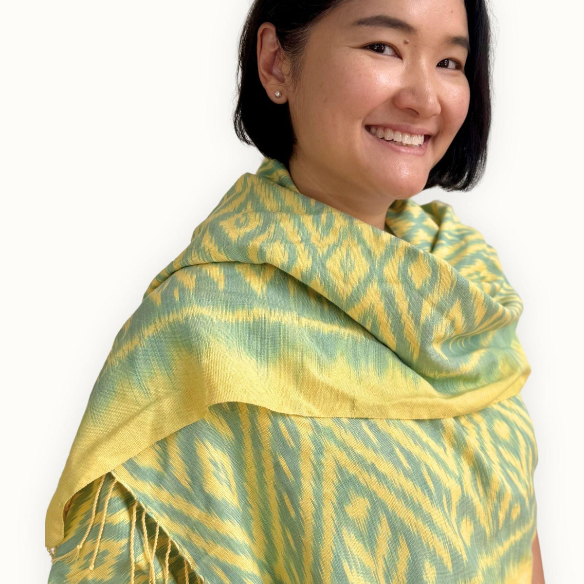 Ikat Cotton Scarf · Lime Green & Yellow · 150 × 200 cm