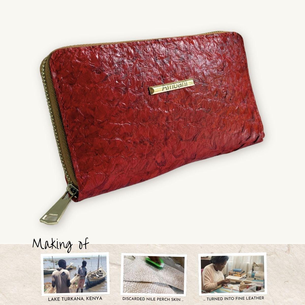 Fish Leather Wallet · Red · Copper Trim