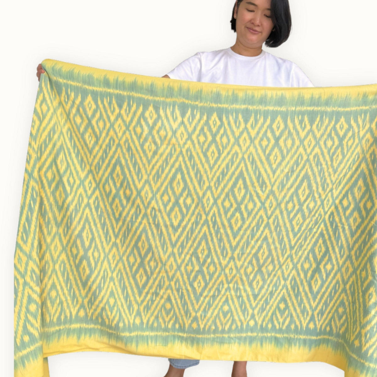 Ikat Cotton Scarf · Lime Green & Yellow · 150 × 200 cm