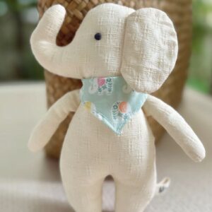 Handmade cotton elephant toy from Thailand, natural unbleached cotton, colourful scarf, SoRarePieces