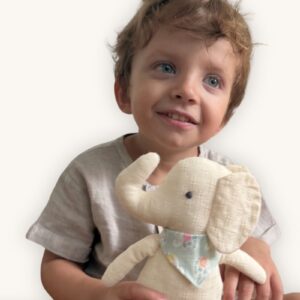 Handmade cotton elephant toy from Thailand, natural unbleached cotton, colourful scarf, SoRarePieces