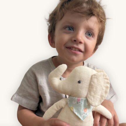 Handmade cotton elephant toy from Thailand, natural unbleached cotton, colourful scarf, SoRarePieces