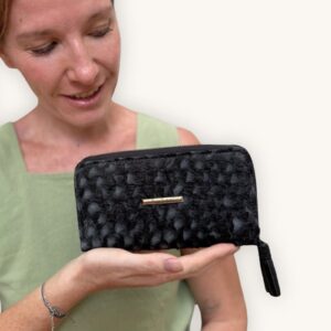 Handmade fish leather wallet, black Nile perch leather exterior, traditional Turkana fabric interior, handcrafted in Kenya