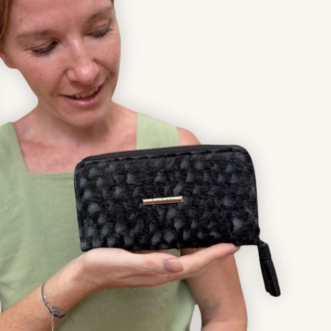 Handmade fish leather wallet, black Nile perch leather exterior, traditional Turkana fabric interior, handcrafted in Kenya