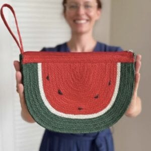 Watermelon-themed bag with red, green, and white details, perfect for summer accessories.