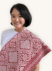 SoRarePieces Monochrome Lines scarf draped over shoulder