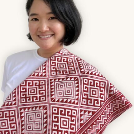 SoRarePieces Monochrome Lines scarf draped over shoulder