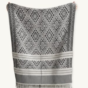 Monochrome Lines Khit Scarf Black-White – handwoven cotton scarf in the breeze, Northern Thailand