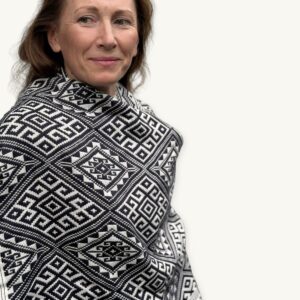 Monochrome Lines Khit Scarf – handwoven cotton scarf worn loosely, black-white, made in Northern Thailand