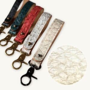 Keyloops made of fish leather next to each other - visible scale pattern, 5 different colors
