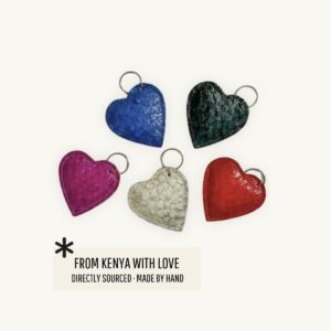 Heart shaped keyrings in 5 colors handmade of fish leather by Ambani Kenya presented by SoRarePieces
