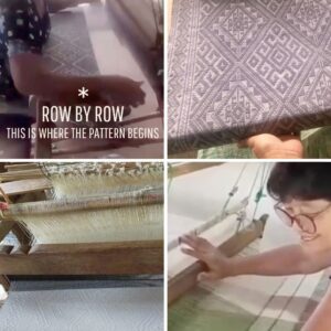 Monochrome Lines Khit Scarf – weaver at traditional wooden loom, Khit weaving process, Northern Thailand