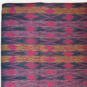 Handwoven Mudmee Ikat cotton scarf in pink, gold, blue, blurred pattern edges, Thailand