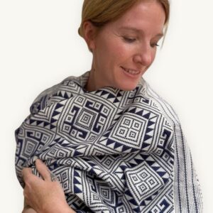 Monochrome Lines Khit Scarf – handwoven cotton scarf worn loosely, blue-white, made in Northern Thailand