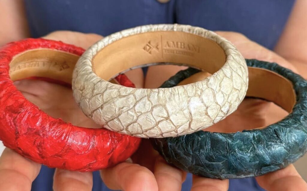 Red, natural and green bangle made from Ambani Fish Leather