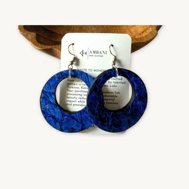 Blue round fish leather earrings by Ambani Fish Leather presented by SoRarePieces