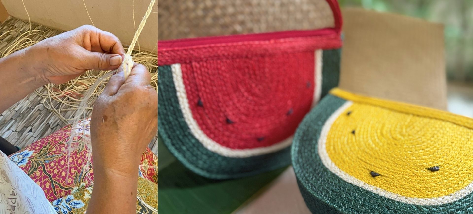 Hand working Sisal and red yellow Sisal bags