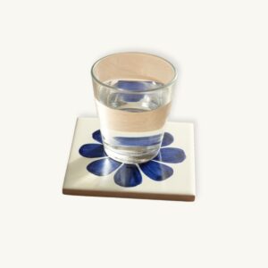 Handpainted azulejo tile coaster with glass of water – blue flower design on white ceramic, cork backing, hand-painted by artisan Maribel in Minho, Portugal – SoRarePieces