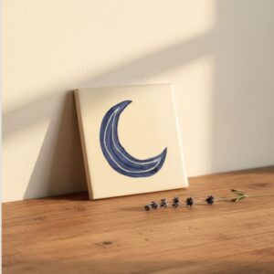 Handpainted azulejos coaster with blue moon leaning against wall