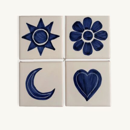 Handpainted azulejo set of 4 - sun, flower, moon - presented by SoRarePieces