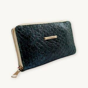 Fish Leather Wallet in a color between blue and green with a beige trim and golden zipper - presented by So Rare Pieces