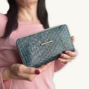 Fish Leather Wallet – Chrysocolla, Beige Trim | Ambani