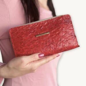 Ruby Red Zip Wallet in Hand made of Fish Leather - presented by SoRarePieces
