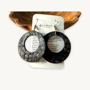 Black Loop Earrings with scale structure made of fish leather - tagged with little card Ambani - presented by SoRarePieces