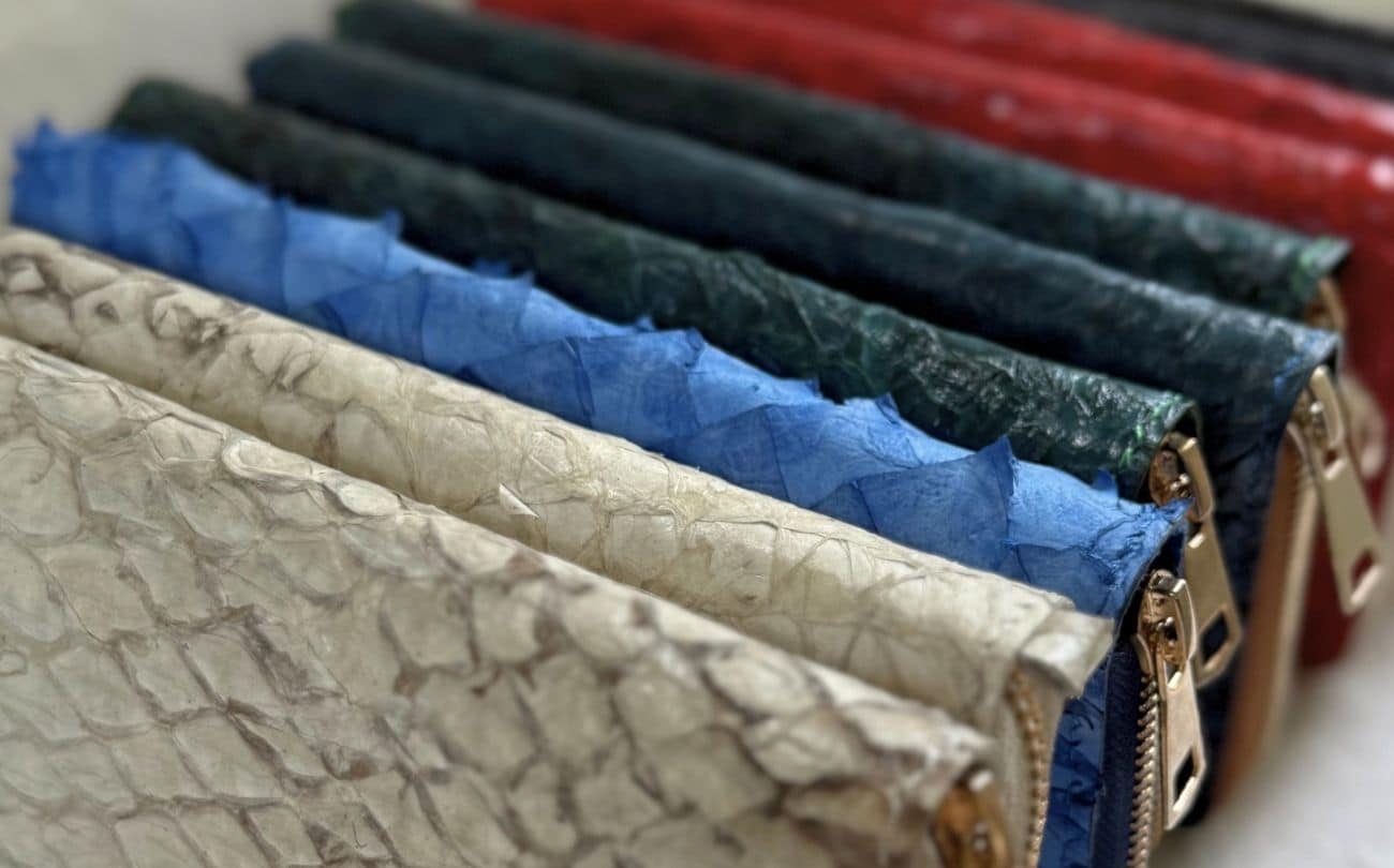 Close-up of a fish leather product showing its natural scale texture