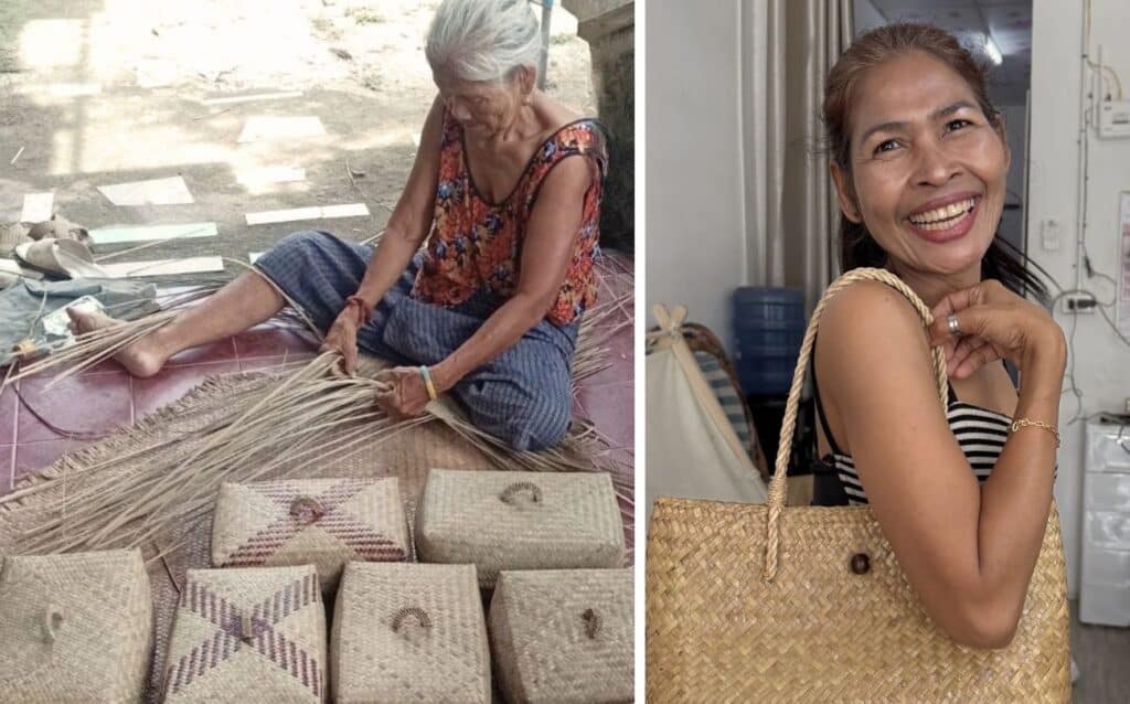 Thai woman hand-weaving Krajood seagrass boxes on the floor, next to a smiling woman holding a handwoven seagrass tote bag